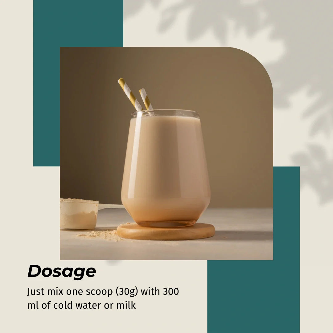 Glass of creamy beverage with two straws on a neutral background, featuring text about dosing.