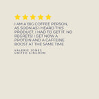 Five-star rating with a review text on a beige background