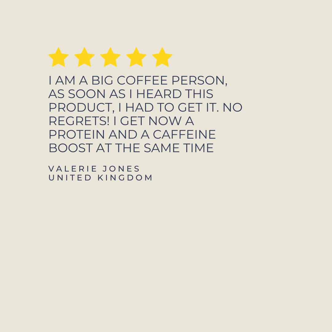 Five-star rating with a review text on a beige background