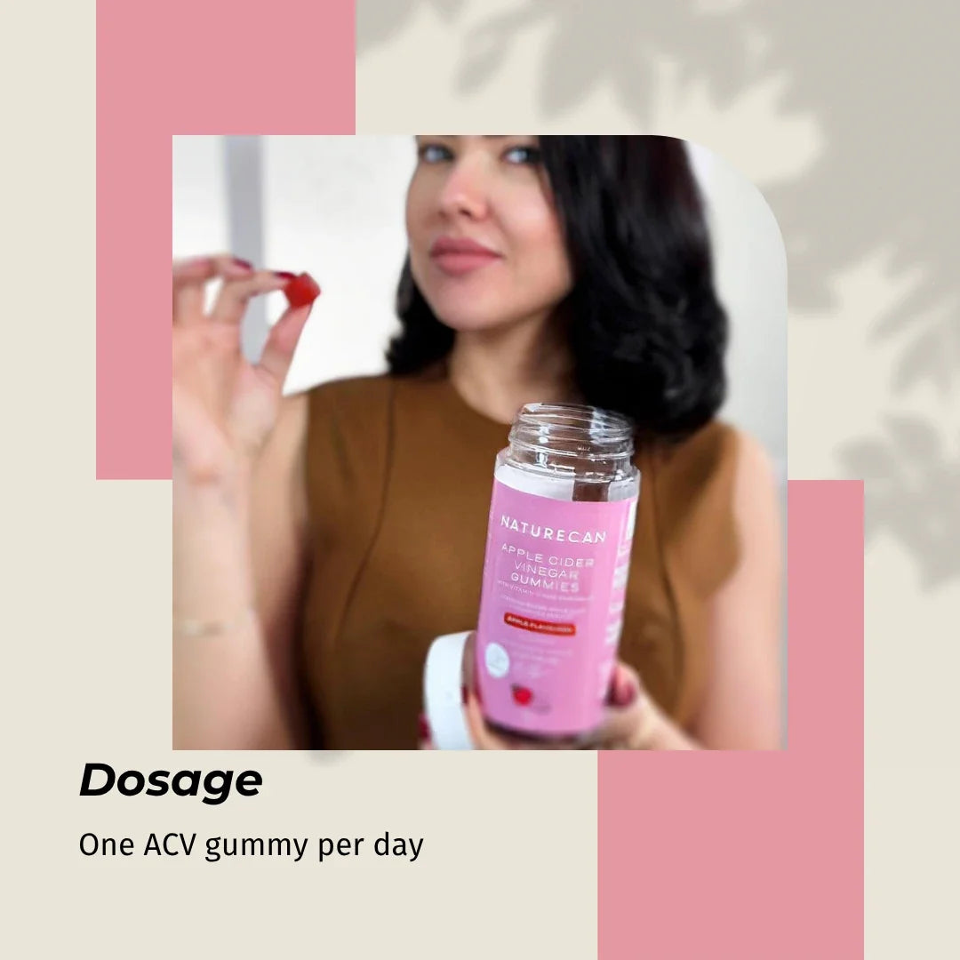 Naturecan Apple Cider Vinegar Gummies dosage – woman holding ACV Gummies jar and eating one gummy, instruction: one ACV gummy per day