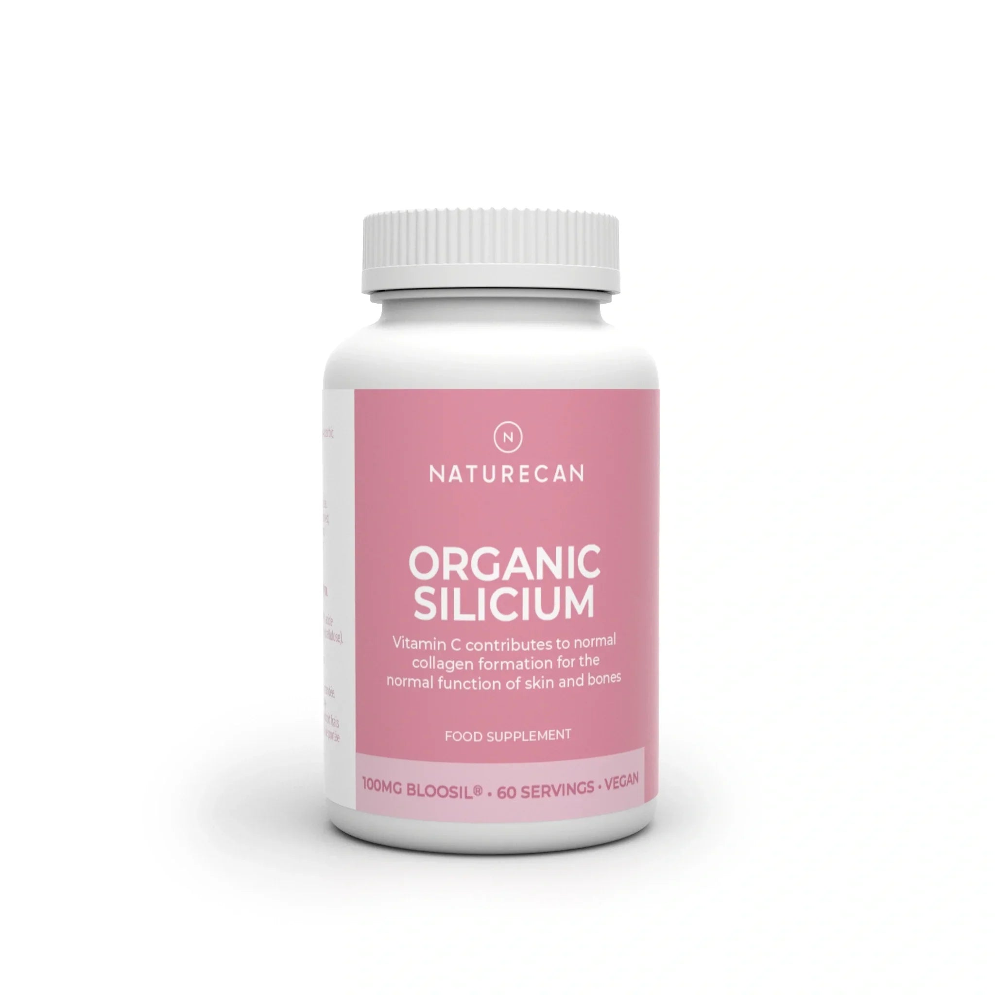 Naturecan Organic Silicium capsules – white bottle with pink label, Organic Silicium, vitamin C contributes to normal collagen formation for skin and bones, food supplement, 100mg Bloosil, 60 servings, vegan