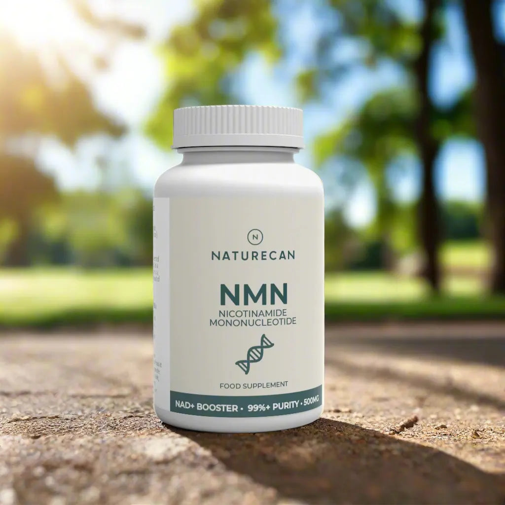 Naturecan NMN supplement bottle in sunny park