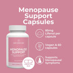 Naturecan Menopause Support Capsules product highlights infographic – pink background showing bottle with callouts: 85mg Lifenol per capsule, vegan and 60 capsules, supports menopausal symptoms, capsule size 2cm