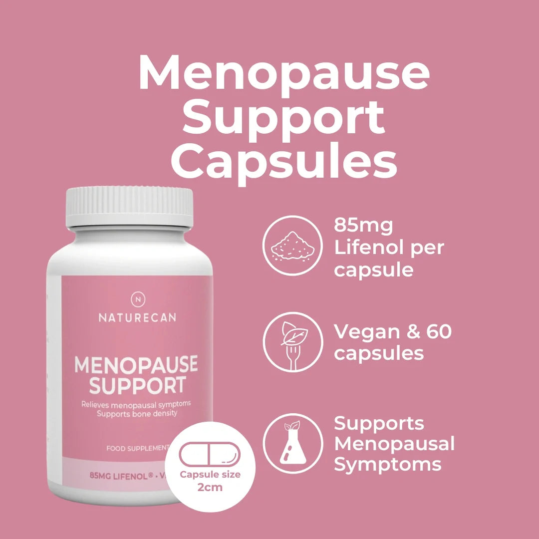 Naturecan Menopause Support Capsules product highlights infographic – pink background showing bottle with callouts: 85mg Lifenol per capsule, vegan and 60 capsules, supports menopausal symptoms, capsule size 2cm