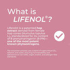 What is Lifenol? infographic – pink background explaining Lifenol is a patented hop extract from female hop cones (Humulus lupulus L.) standardised for 8-prenylnaringenin (8-PN), one of the most potent phytoestrogens; non-GMO, vegan, kosher, allergen-free