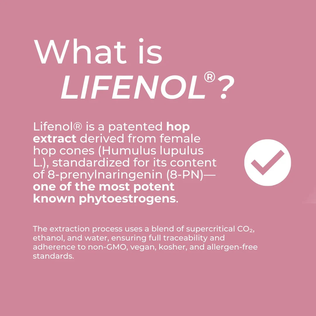 What is Lifenol? infographic – pink background explaining Lifenol is a patented hop extract from female hop cones (Humulus lupulus L.) standardised for 8-prenylnaringenin (8-PN), one of the most potent phytoestrogens; non-GMO, vegan, kosher, allergen-free