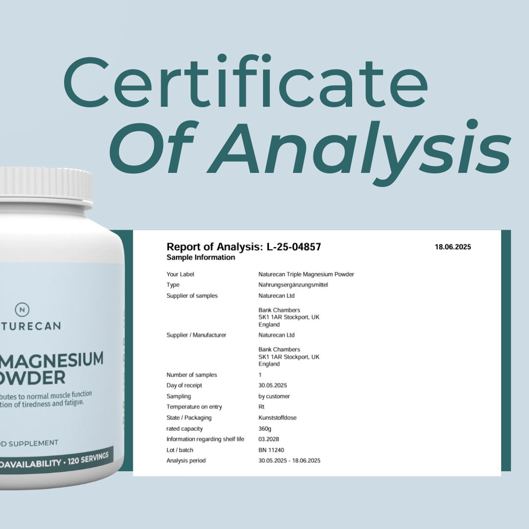 Supplement container with a certificate of analysis on a light blue background
