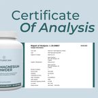 Supplement container with a certificate of analysis on a light blue background