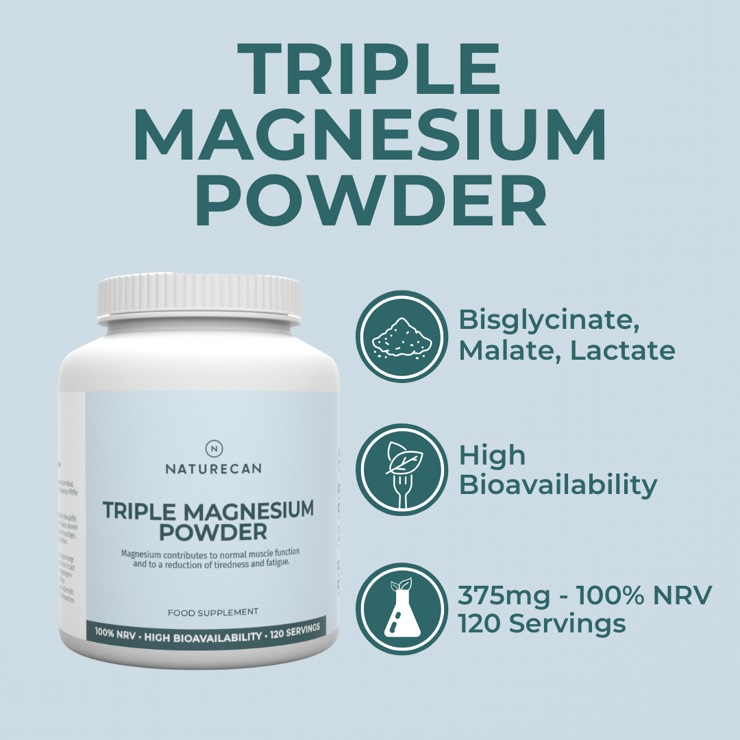 Naturecan Triple Magnesium Powder container with product details on a light blue background