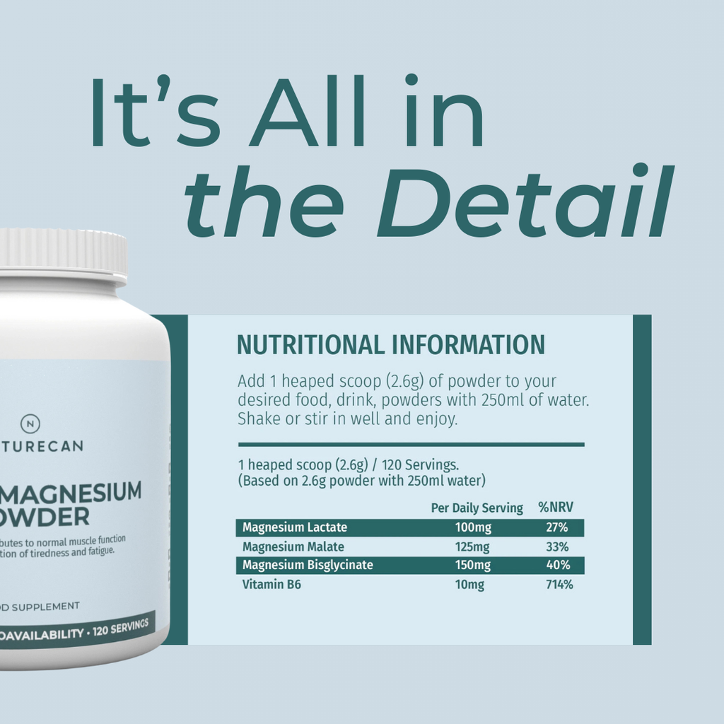 Naturecan magnesium powder container with nutritional information on a light blue background