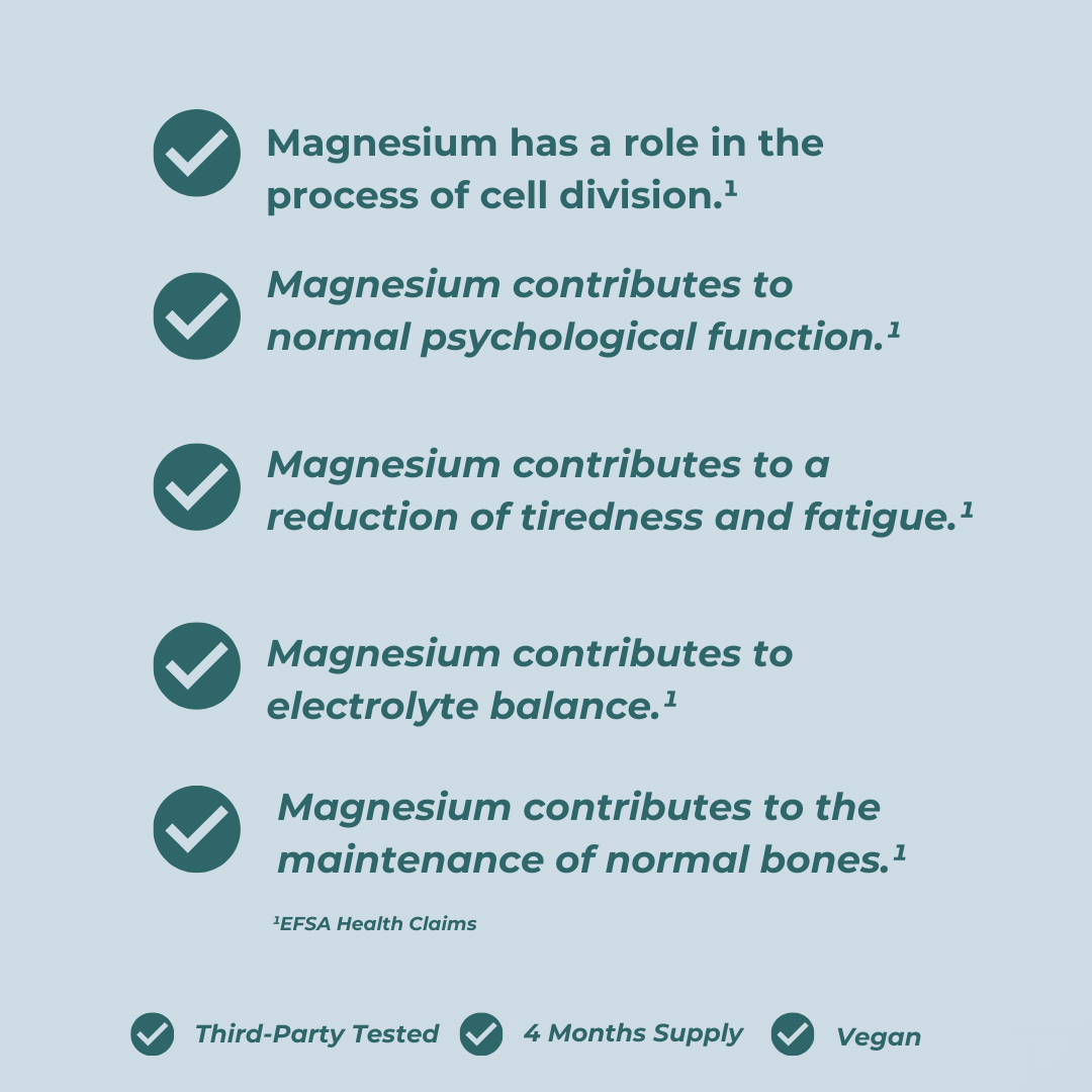 List of benefits of magnesium with checkmarks on a light blue background