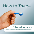 Hand holding a blue scoop with protein powder, text on how to take a level scoop with water or a protein shake.