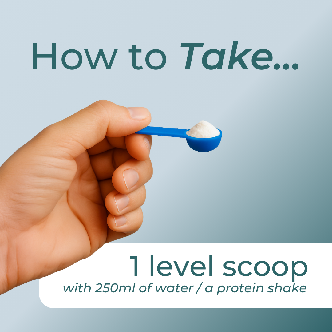Hand holding a blue scoop with protein powder, text on how to take a level scoop with water or a protein shake.