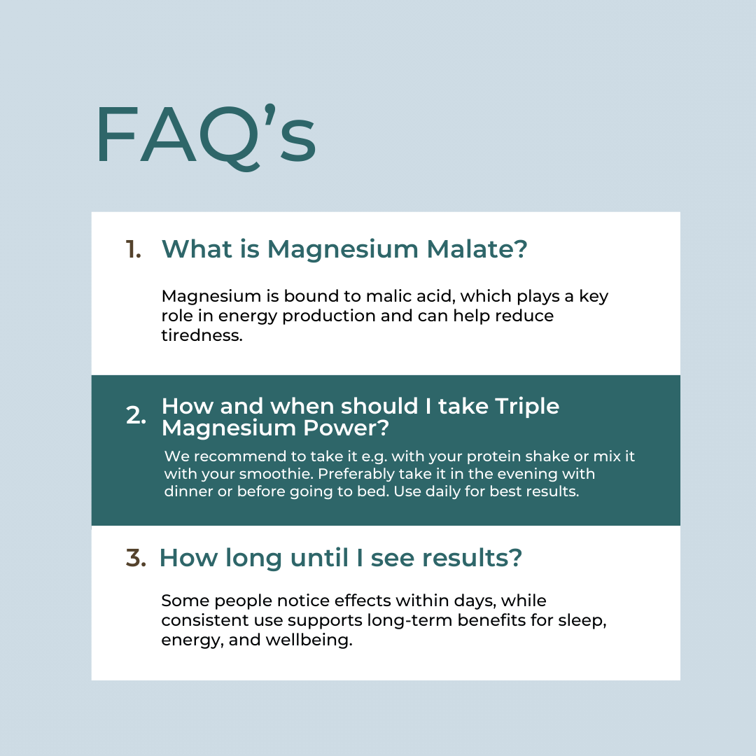 FAQ section about magnesium malate and taking Triple Magnesium Power on a light blue background