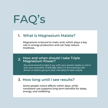 FAQ section about magnesium malate and taking Triple Magnesium Power on a light blue background