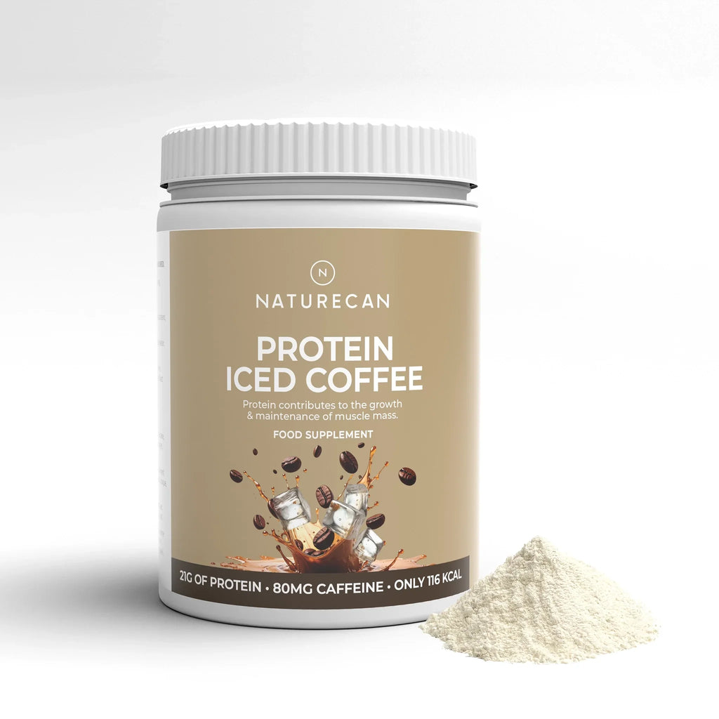Naturecan Protein Iced Coffee container with a scoop of powder on a light gray background