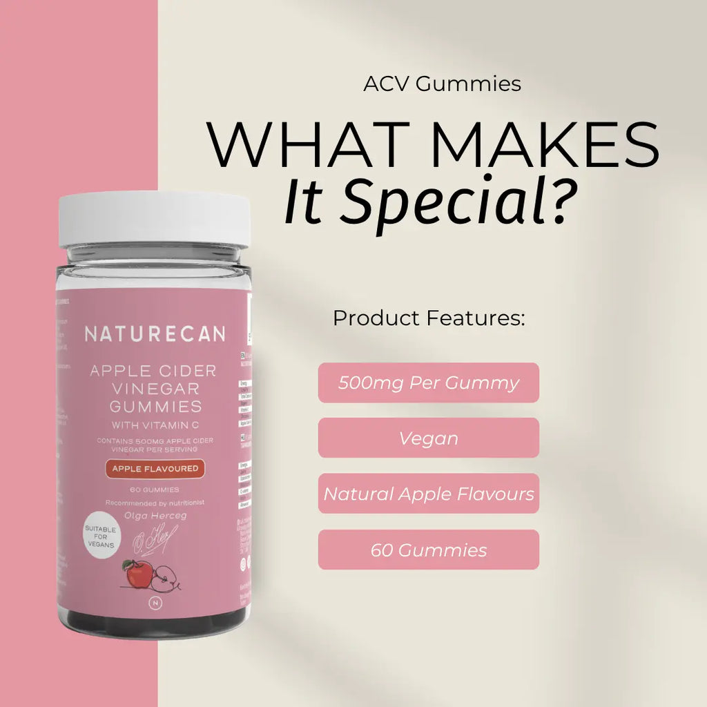 What makes Naturecan Apple Cider Vinegar Gummies special – product features: 500mg per gummy, vegan, natural apple flavours, 60 gummies per jar, Apple Flavoured