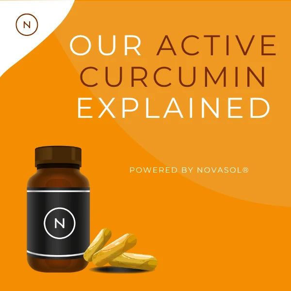 Naturecan Active Curcumin supplement bottle with turmeric root, powered by NOVASOL delivery system